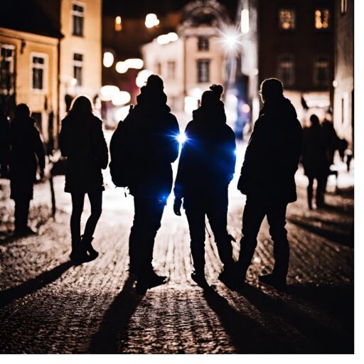 Människor i vinterkläder i mörkret på en gata